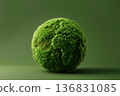Globe fully covered in fresh green moss on light green background, ecological awareness concept 136831085