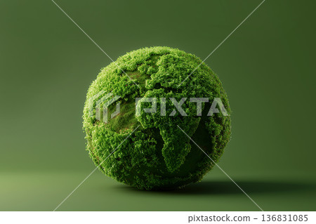 Globe fully covered in fresh green moss on light green background, ecological awareness concept 136831085