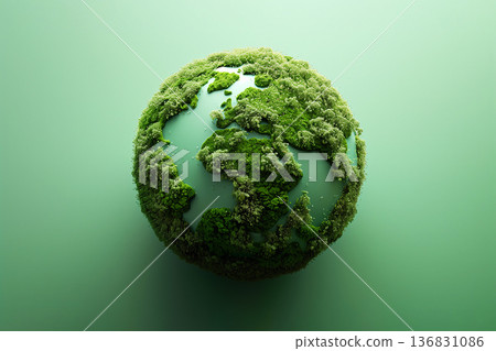Moss covered planet Earth isolated on soft green backdrop, symbol of sustainability and environmental care Moss covered planet Earth isolated on soft green backdrop, symbol of sustainability and environmental care 136831086