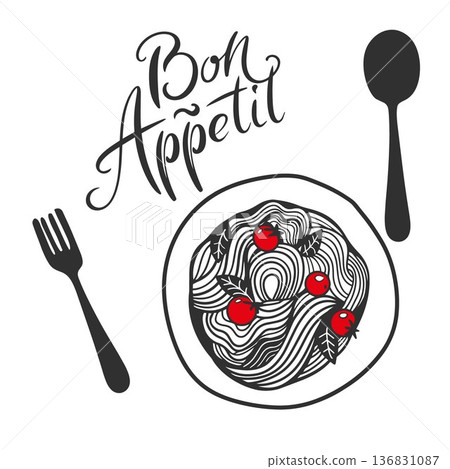 Hand drawn Bon appetite typography poster design with Vector calligraphy, pasta meal, fork and spoon. Hand drawn Bon appetite typography poster design with Vector calligraphy, pasta meal, fork and spoon. 136831087