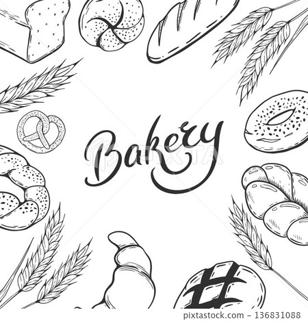 Bakery design template. Bakery products vector illustration set in engraving style. Collection of sketches of bread Baguette and sweet Bakery. Gluten food assortment. 136831088