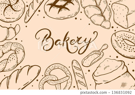 Bakery design template. Bakery products vector illustration set in engraving style. Collection of sketches of bread Baguette and sweet Bakery. Gluten food assortment. 136831092