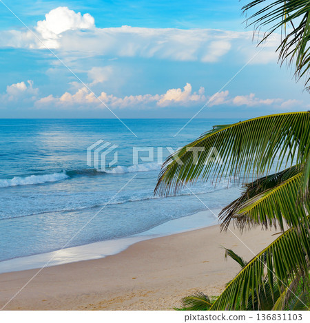 Peaceful Seaside View with Blue Water and Soft Sand Peaceful Seaside View with Blue Water and Soft Sand 136831103