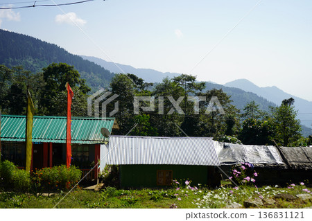 Scenic Himalayan Village Landscape with Colorful Houses and Mountain Backdrop Scenic Himalayan Village Landscape with Colorful Houses and Mountain Backdrop 136831121