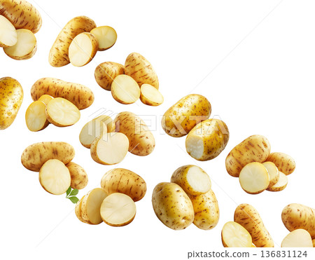 Fresh raw potatoes with skin, scattered and isolated on white background, concept of organic food ingredients Fresh raw potatoes with skin, scattered and isolated on white background, concept of organic food ingredients 136831124