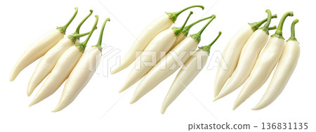 White chili peppers with green stems isolated on a white transparent background. 136831135