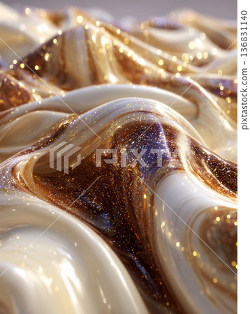 Closeup of glossy cream and gold glitter swirl with sparkles bourbone and vanilla shiny tones soft background 136831140
