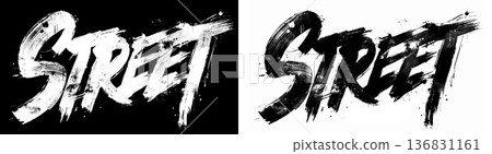 Handwritten street word in rough brush style on black and transparent backgrounds, conveying the concept of urban expression Handwritten street word in rough brush style on black and transparent backgrounds, conveying the concept of urban expression 136831161