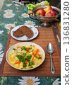 Vegetables and Meat Soup with Pork, Potato, Carrot, Celery; Turnip and Parsley. 136831280