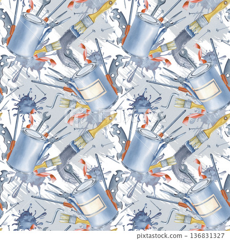 Seamless dynamic drawing with working tools for home renovation. Watercolor illustration on an isolated background. Seamless background with realistic male tools for the design of repair and Seamless dynamic drawing with working tools for home renovation. Watercolor illustration on an isolated background. Seamless background with realistic male tools for the design of repair and 136831327