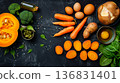 Avocado, salmon, carrots, eggs and pumpkin arranged on black background, vitamin A rich foods concept 136831401