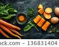 Healthy selection of foods high in vitamin A including fresh carrots, salmon fillet, eggs, avocado and pumpkin on dark backdrop 136831404