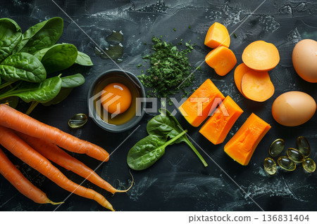 Healthy selection of foods high in vitamin A including fresh carrots, salmon fillet, eggs, avocado and pumpkin on dark backdrop 136831404
