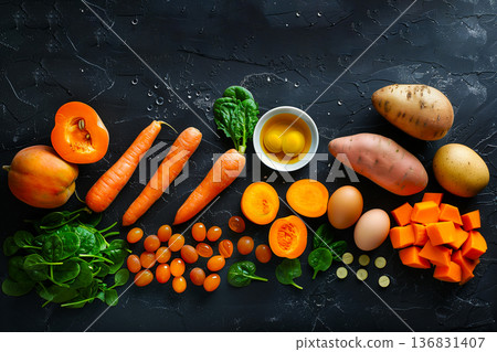 Top view of natural vitamin A sources on black surface, balanced nutrition and healthy diet concept Top view of natural vitamin A sources on black surface, balanced nutrition and healthy diet concept 136831407