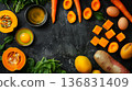 Organic products containing vitamin A displayed on black background, clean eating and wellness them 136831409