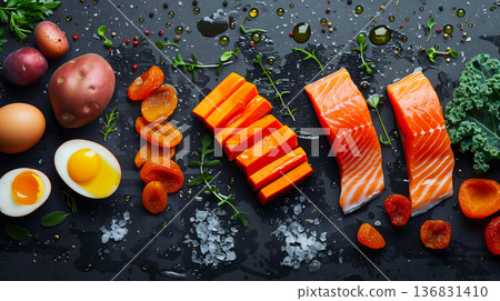 Flat lay composition of vitamin A ingredients on black textured background, healthy lifestyle concept 136831410