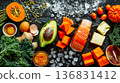 Fresh whole foods packed with vitamin A arranged on dark background, immunity and eye health nutrition theme 136831412
