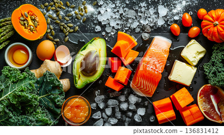Fresh whole foods packed with vitamin A arranged on dark background, immunity and eye health nutrition theme 136831412