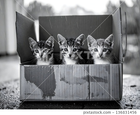一隻被遺棄的小貓躲在紙箱裡。 136831456