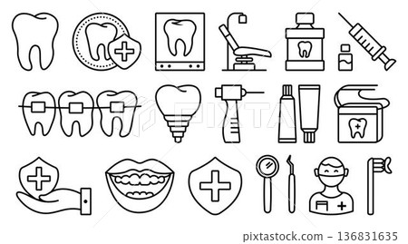 Dentistry black line vector icon set. Monochrome outline dental sign collection, stomatology isolated symbols Dentistry black line vector icon set. Monochrome outline dental sign collection, stomatology isolated symbols 136831635