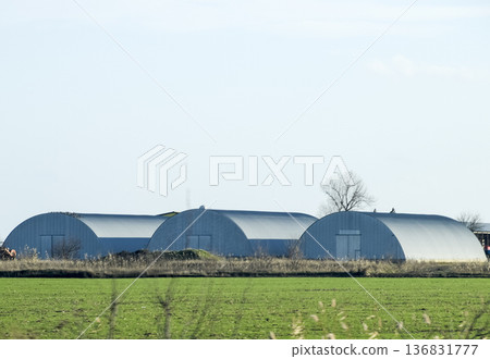 Three hangars in the field. Hangars from galvanized iron. 136831777