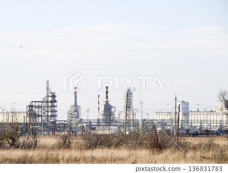 Distillation columns, pipes and other equipment furnaces refinery. 136831783