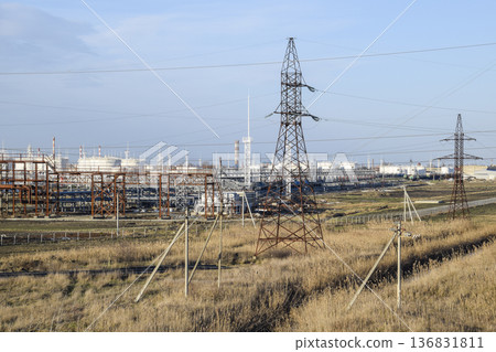 Distillation columns, pipes and other equipment furnaces refinery. 136831811