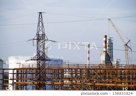 Distillation columns, pipes and other equipment furnaces refinery. 136831824