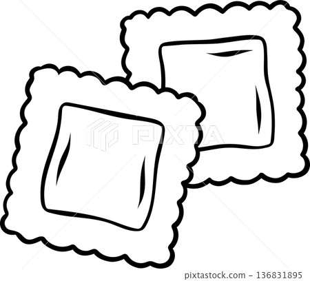 Pasta ravioli, simple black and white icon in doodle and sketch style. Hand-drawn illustration of square stuffed pasta for Italian culinary design and filled pasta dishes 136831895