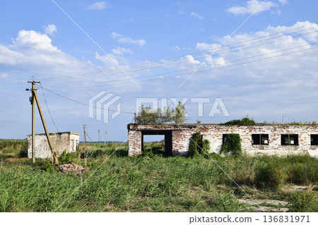 The ruins of the old farm. Cones column base of the wall. Abandoned and ruined buildings 136831971