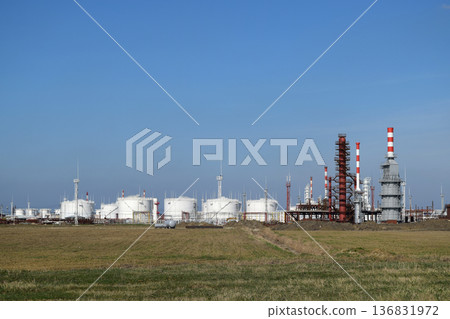 Distillation columns, pipes and other equipment furnaces refinery. 136831972