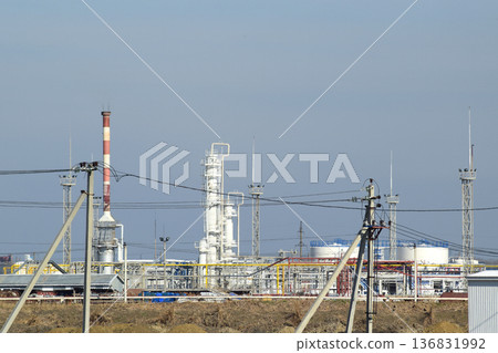 Distillation columns, pipes and other equipment furnaces refinery. 136831992