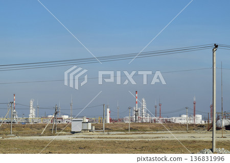 Distillation columns, pipes and other equipment furnaces refinery. 136831996