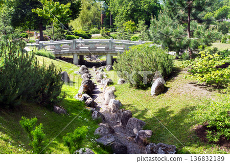 Stone footbridge in Japanese garden in Tallinn (in Kadriorg park) in late June 136832189