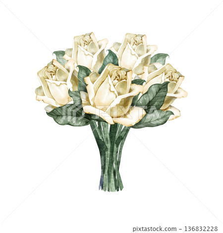 Elegant watercolor illustration of a wedding bouquet featuring cream-colored roses and lush emerald greenery. Hand-painted botanical composition with realistic floral textures for romantic bridal 136832228
