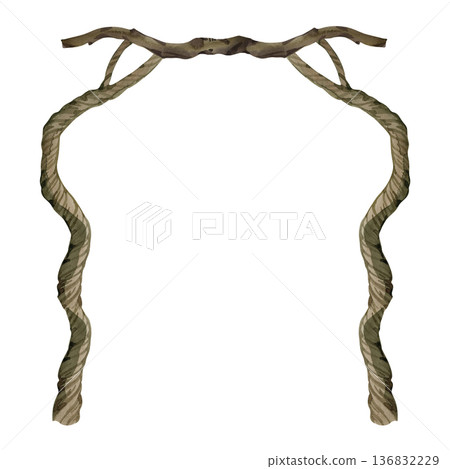 Detailed watercolor illustration of a wedding arch made from woven rustic branches. Hand-painted botanical frame featuring realistic wood textures and earthy tones for outdoor ceremony designs. 136832229