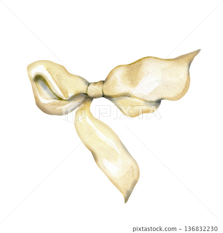 Delicate watercolor illustration of a cream-colored silk ribbon bow. This hand-painted elegant accessory features soft highlights and fluid textures, perfect for bridal decor and romantic stationery. Delicate watercolor illustration of a cream-colored silk ribbon bow. This hand-painted elegant accessory features soft highlights and fluid textures, perfect for bridal decor and romantic stationery. 136832230
