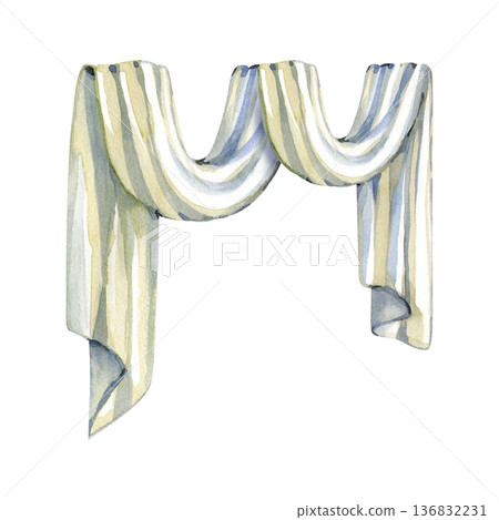 Elegant watercolor illustration of a draped window valance. Hand-painted textile featuring soft ivory folds and blue shadows, perfect for interior design sketches and wedding decor planning. Elegant watercolor illustration of a draped window valance. Hand-painted textile featuring soft ivory folds and blue shadows, perfect for interior design sketches and wedding decor planning. 136832231