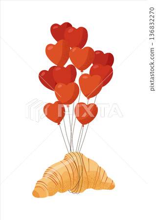 Romantic croissant tied with floating red heart balloons Romantic croissant tied with floating red heart balloons 136832270