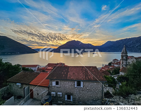 Sunset Over Perast Old Town and Mountains by the Sea 136832443