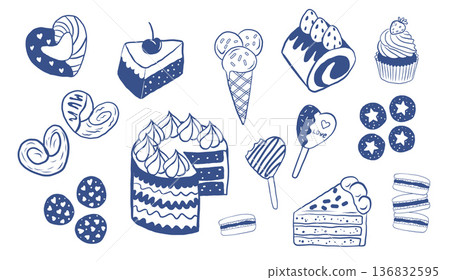 Hand drawn vector sweet illustrations with cookies, macarons, candies, cakes, pastries, muffins and pastries. Minimal blue line food collection for menus and cafes. Hand drawn vector sweet illustrations with cookies, macarons, candies, cakes, pastries, muffins and pastries. Minimal blue line food collection for menus and cafes. 136832595