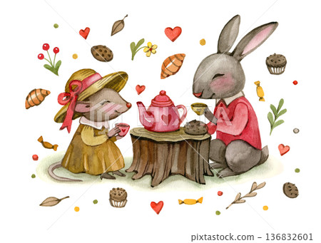Whimsical watercolor illustration of a cute rabbit and mouse having a tea party on a tree stump. Featuring hearts, sweets, and cozy vibes, this charming artwork is perfect for children's books and Whimsical watercolor illustration of a cute rabbit and mouse having a tea party on a tree stump. Featuring hearts, sweets, and cozy vibes, this charming artwork is perfect for children's books and 136832601
