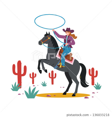 Cowboy woman riding black horse with lasso in desert cactus landscape vector illustration 136833218