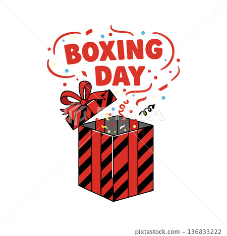 Boxing Day gift box with red and black stripes and festive confetti celebration design vector illustration Boxing Day gift box with red and black stripes and festive confetti celebration design vector illustration 136833222