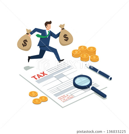 Businessman running with money bags near tax document and coins symbolizing financial tax payment and accounting process vector illustration 136833225