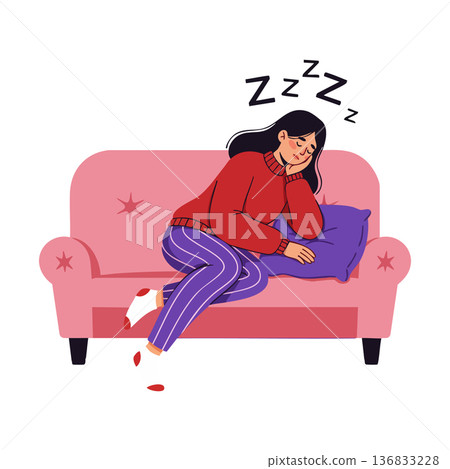 Woman Sleeping on Couch Resting Head on Pillow Relaxing Indoors Cozy Leisure Time Vector Illustration 136833228