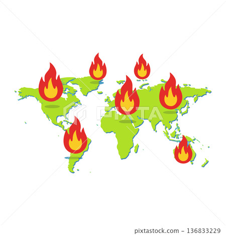World map with global warming fire icons representing climate change environmental crisis vector illustration 136833229
