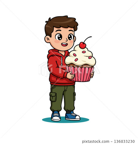 Boy holding large cupcake with cherry on top smiling happily in casual clothes vector illustration 136833230