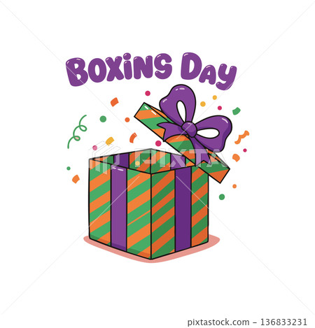 Boxing Day gift box with colorful confetti and purple ribbon celebration present illustration vector 136833231