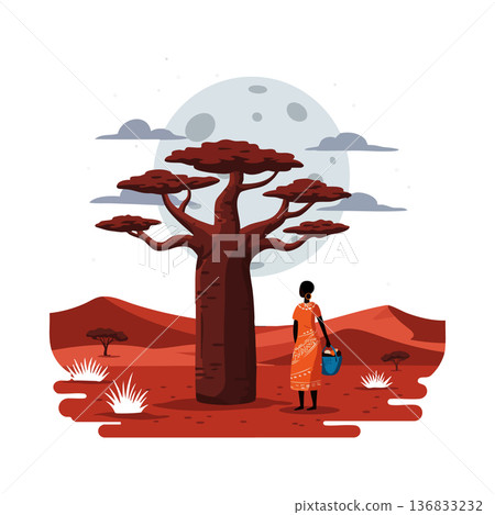 Baobab tree in African desert landscape with woman carrying bucket at night under full moon vector illustration 136833232